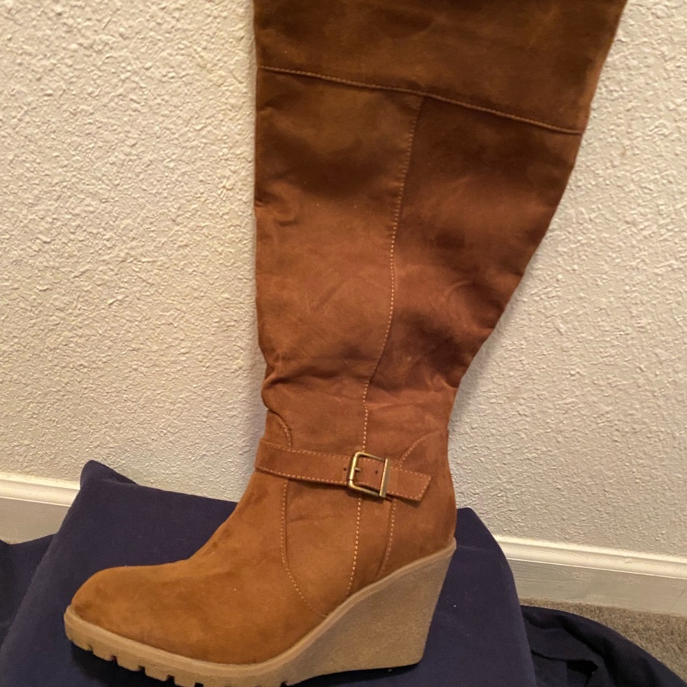 Camel Color Wedge Suede Boots (never worn). Size 9W (wide calf).